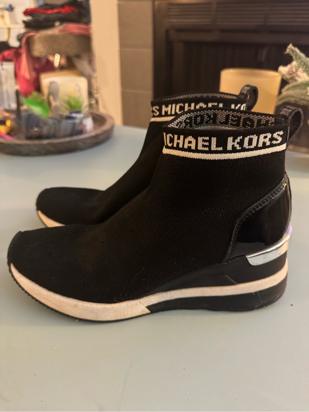 MICHAEL KORS Black Knit Slip-On Wedge Sneakers 7